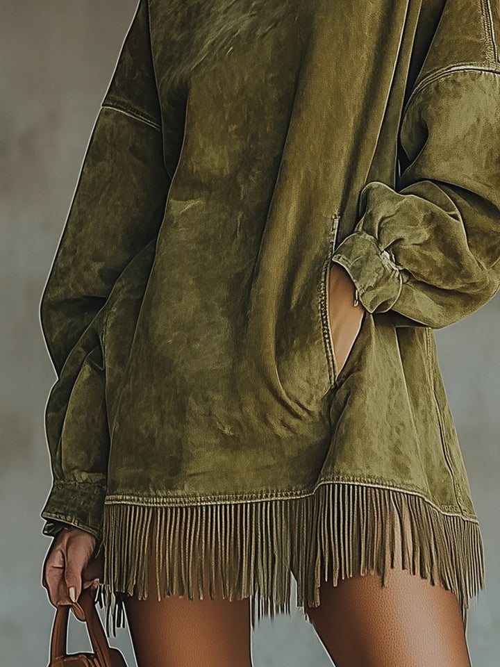LAVINIA FAUX SUEDE TURTLENECK DRESS WITH FRINGE HEM
