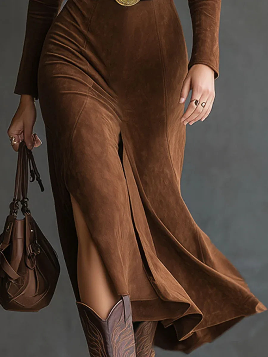 FELICITY RETRO WESTERN STYLE LAPEL FAUX SUEDE SLIT MIDI DRESS (INCLUDES BELT)