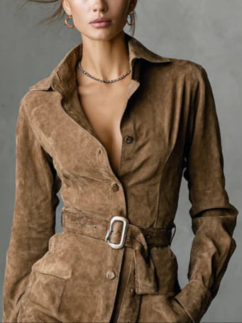 Suede Single Breasted Lapel Long Sleeve Midi Dress（Includes belt）