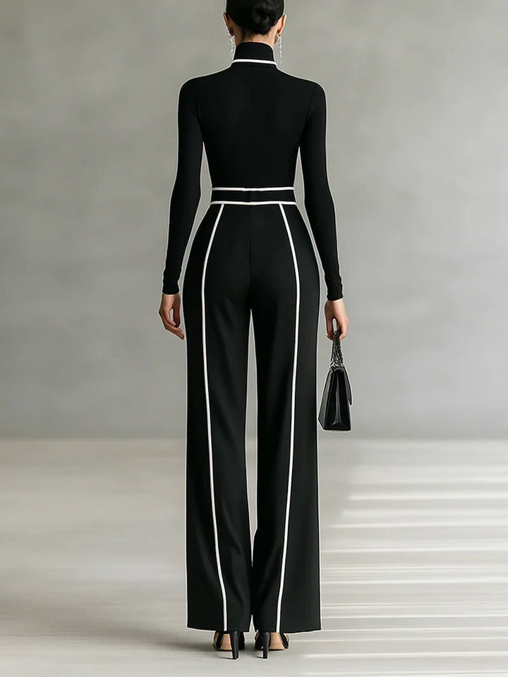 White Trim High-neck Long-sleeved Top With Wide-leg Pants and Belt Set