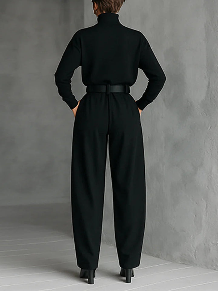 All-black Turtleneck Long-sleeved T-shirt And Straight-leg Pants Two-piece Set (including Belt)