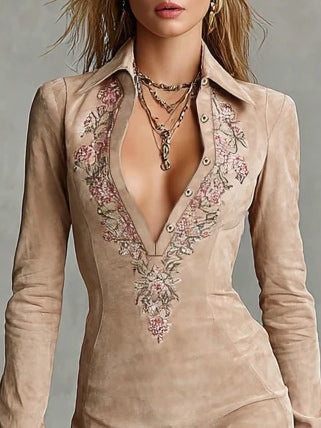 ARAWEN BEIGE SLIM SUEDE NECK FLORAL LAPEL MIDI DRESS
