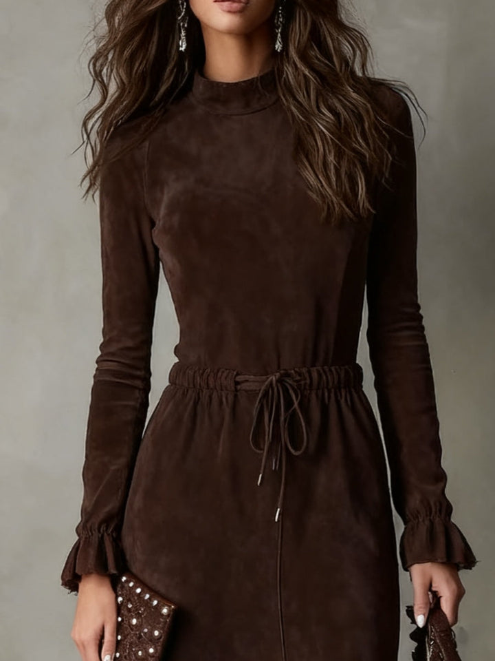 CECILY ELEGANT DARK BROWN SUEDE DRAWSTRING IRREGULAR MIDI DRESS