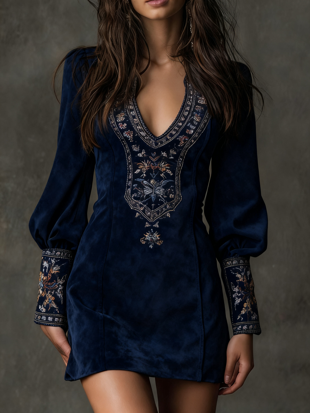 Vintage Brown V-Neck Suede Embroidered Mini Dress