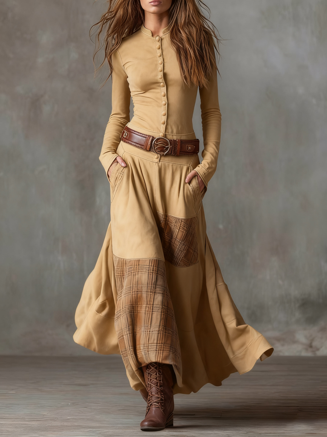 Navy Plaid Paneled Vintage Suede Maxi Dress(with belt)
