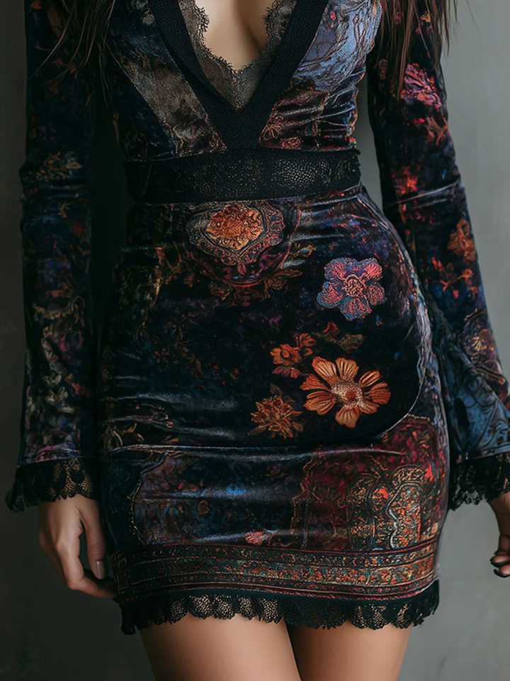 SARAH | FLORAL PRINT MINI DRESS WITH V-NECK, VELVET LACE TRIM, AND SLIM FIT