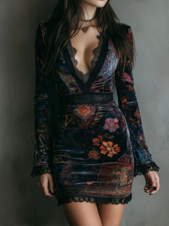 SARAH | FLORAL PRINT MINI DRESS WITH V-NECK, VELVET LACE TRIM, AND SLIM FIT