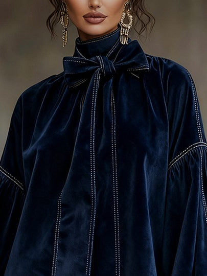 ELAINE | DARK BLUE VELVET MINI DRESS WITH BOW AND LANTERN SLEEVES