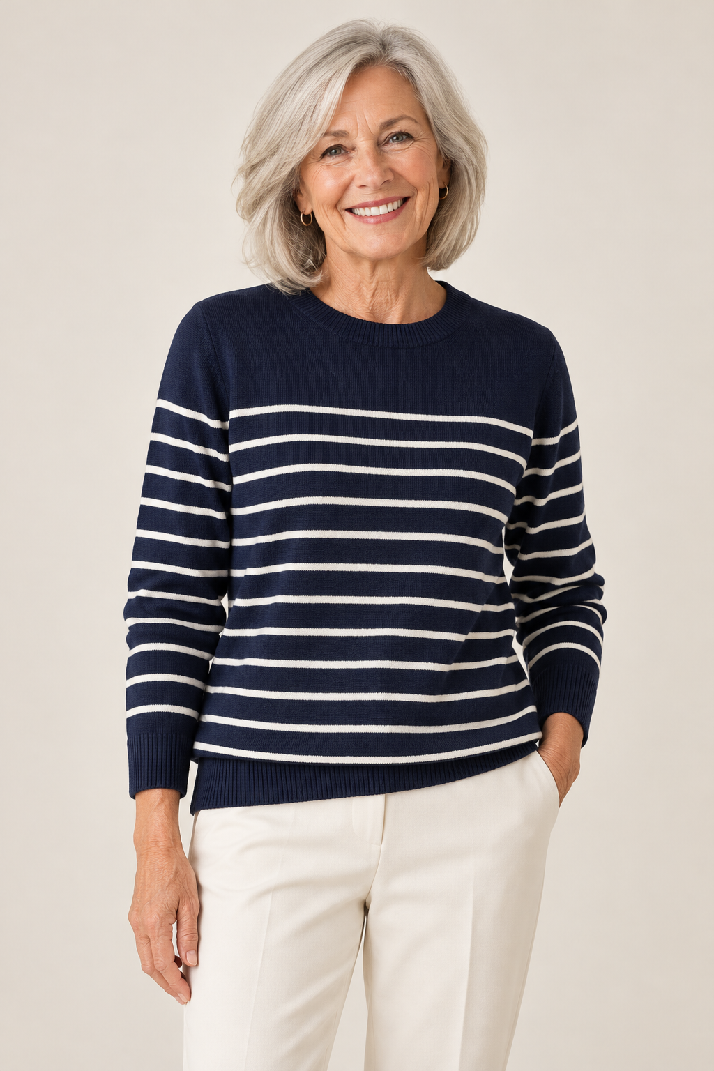 Marion – Breton Stripe Crewneck Pullover Jumper on a mature model