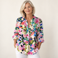 Bláithín floral blouse on a mature model, front view