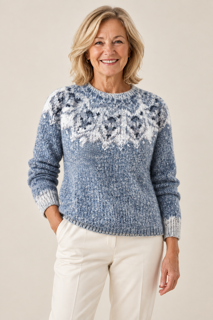Marina – Floral Yoke Crewneck Knit Jumper on a mature model