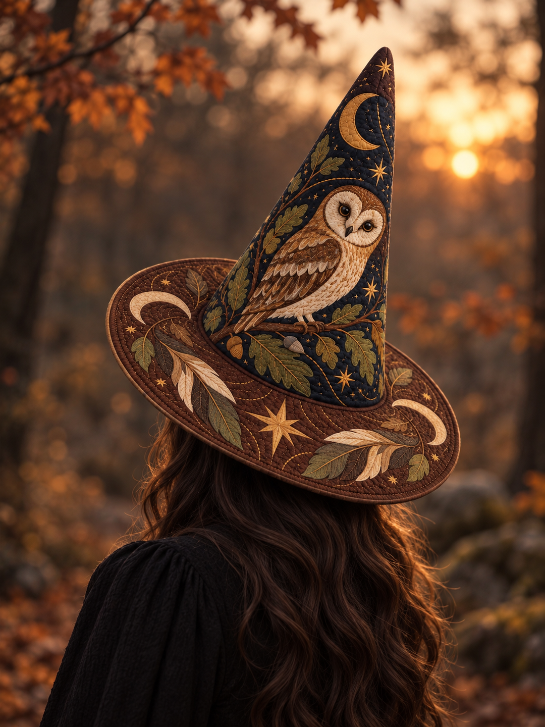 Moonlit Owl Woodland Gothic Handcrafted Quilted Witch Hat