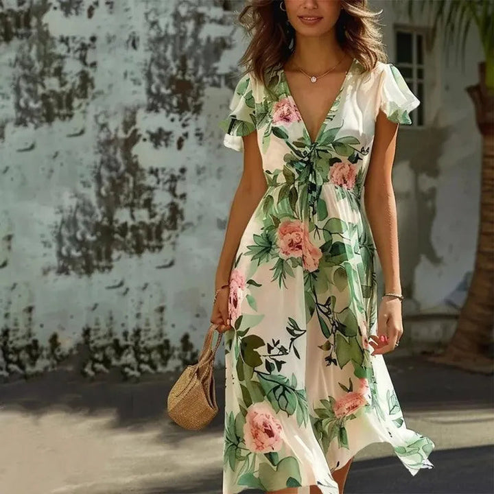 Dames Bloemen V-Hals Midi Jurk