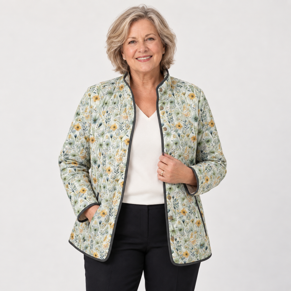 Maud Country Meadow Quilted Jacket on a mature model