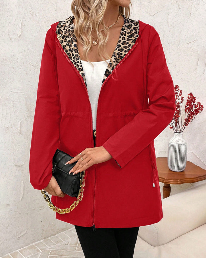 Reversible Hooded Coat with Leopard Print