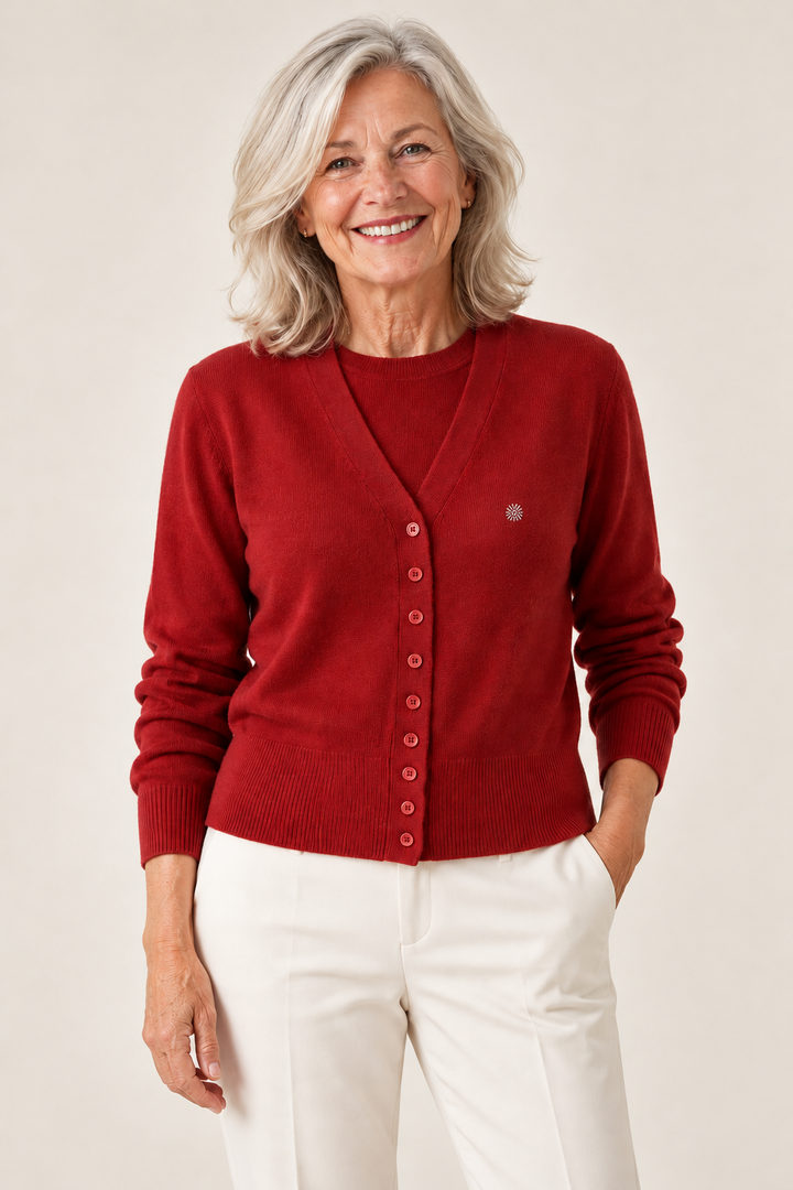 Selena – Classic Crewneck Double Button Knit Cardigan on a mature model