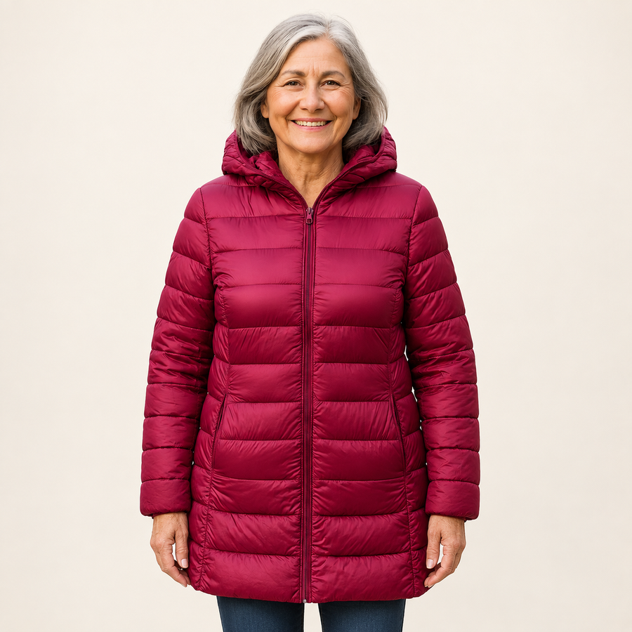 Mature British woman wearing the HELSA Dark Red padded jacket on a clean warm off-white studio background