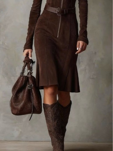 Brown Vintage Zipper Belted Midi Dress（Includes belt）