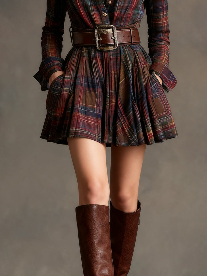 ZINNIA VINTAGE LAPEL RED AND BROWN PLAID MINI DRESS (INCLUDES BELT)
