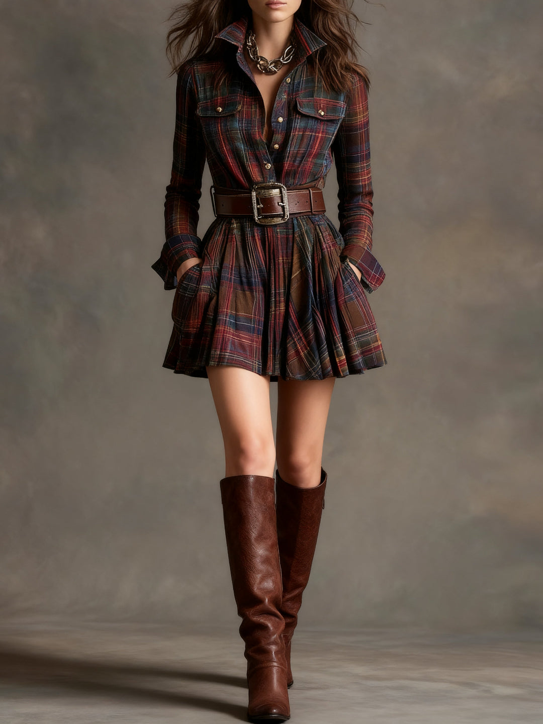 ZINNIA VINTAGE LAPEL RED AND BROWN PLAID MINI DRESS (INCLUDES BELT)