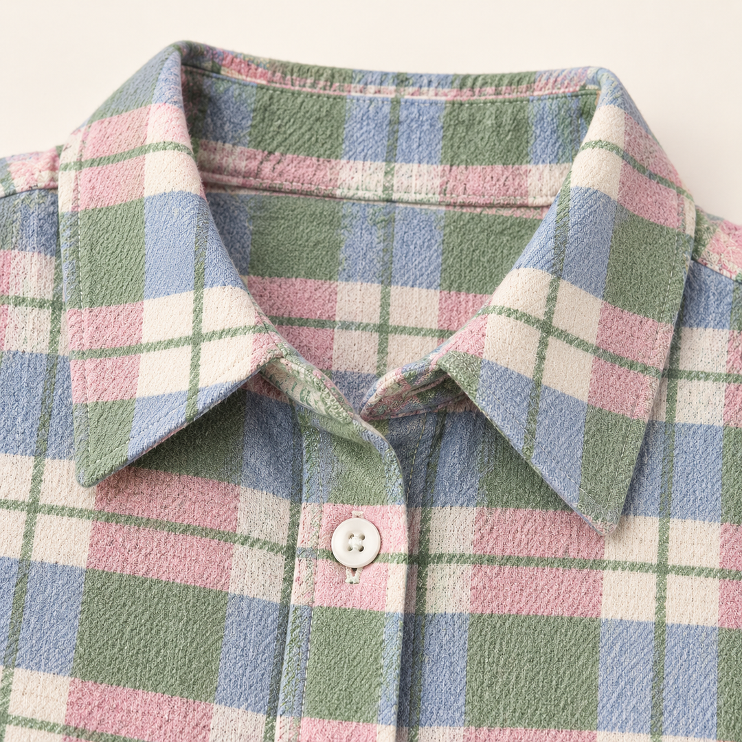 LENORA checked blouse fabric, collar and button finish close-up