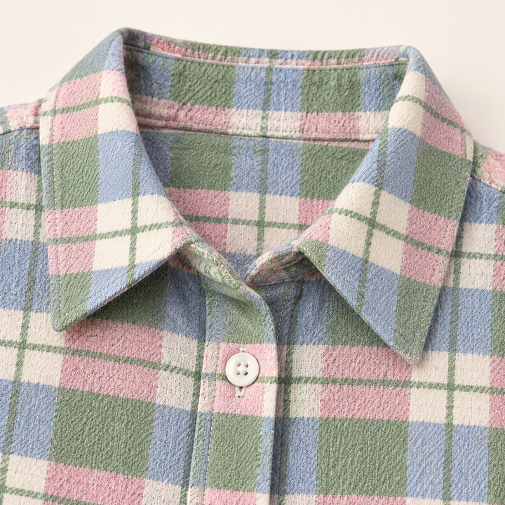 LENORA checked blouse fabric, collar and button finish close-up