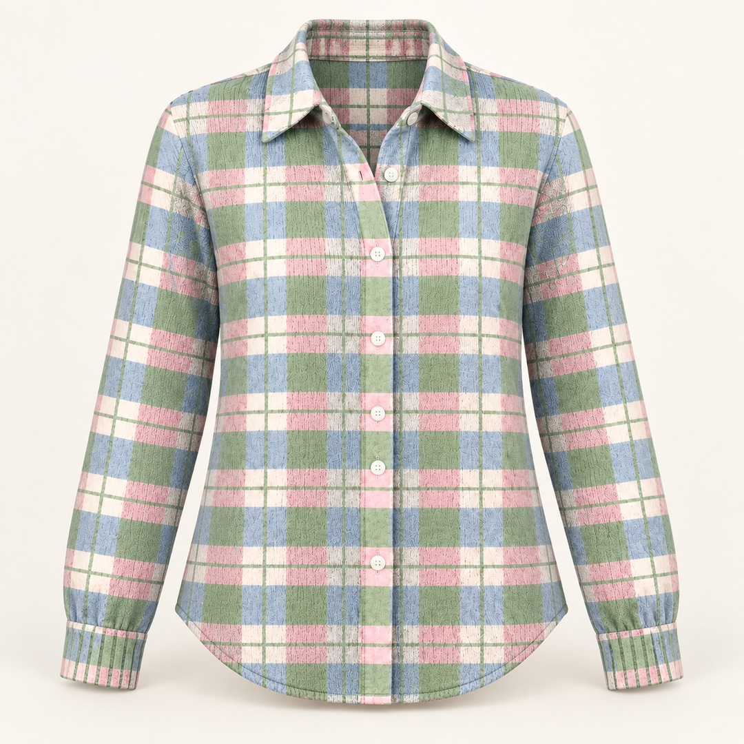 LENORA checked blouse isolated product view on a clean warm off-white background