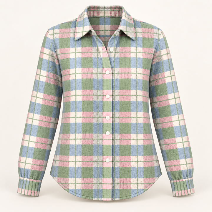LENORA checked blouse isolated product view on a clean warm off-white background