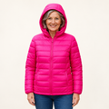 METTA Hot Pink padded jacket on mature model, front view