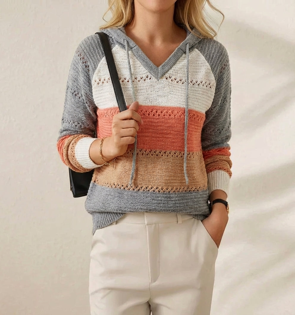 Loretta – Striped Crochet Hooded Pullover Jumper