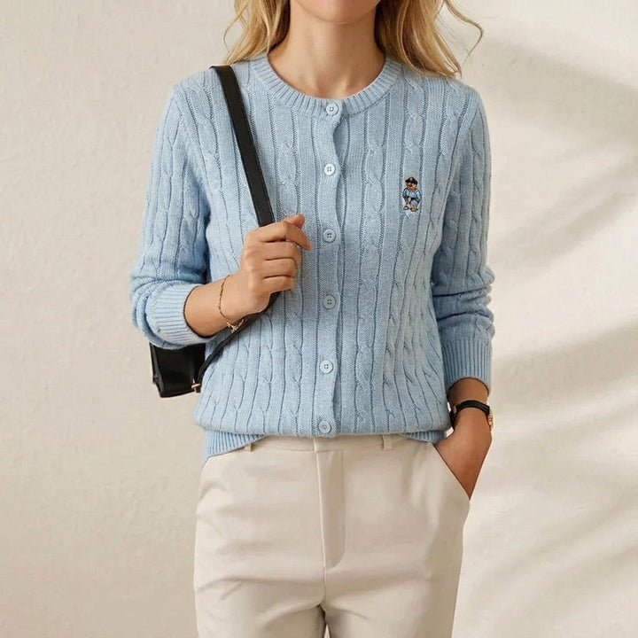 Cheryl – Cable Knit Bear Embroidered Button Cardigan