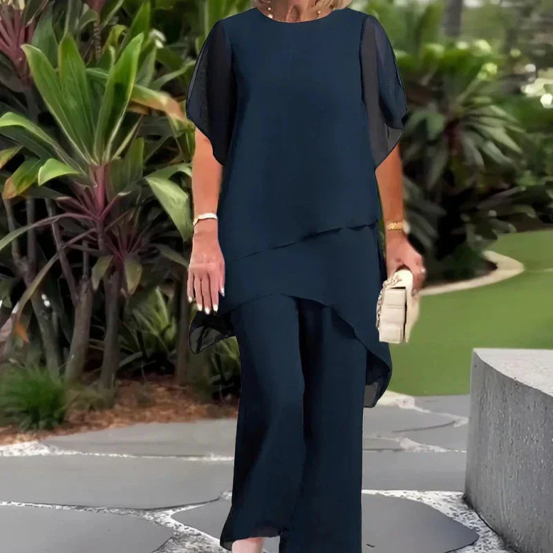Dames Tweedelige Outfit: Elegante Asymmetrische Top met Brede Pijpen Broek