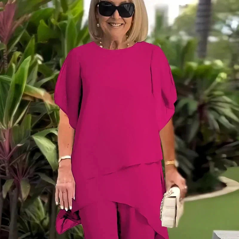 Dames Tweedelige Outfit: Elegante Asymmetrische Top met Brede Pijpen Broek