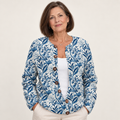 Tiverly | Indigo Botanical Knit Cardigan with Five Buttons worn by a mature woman on a clean background