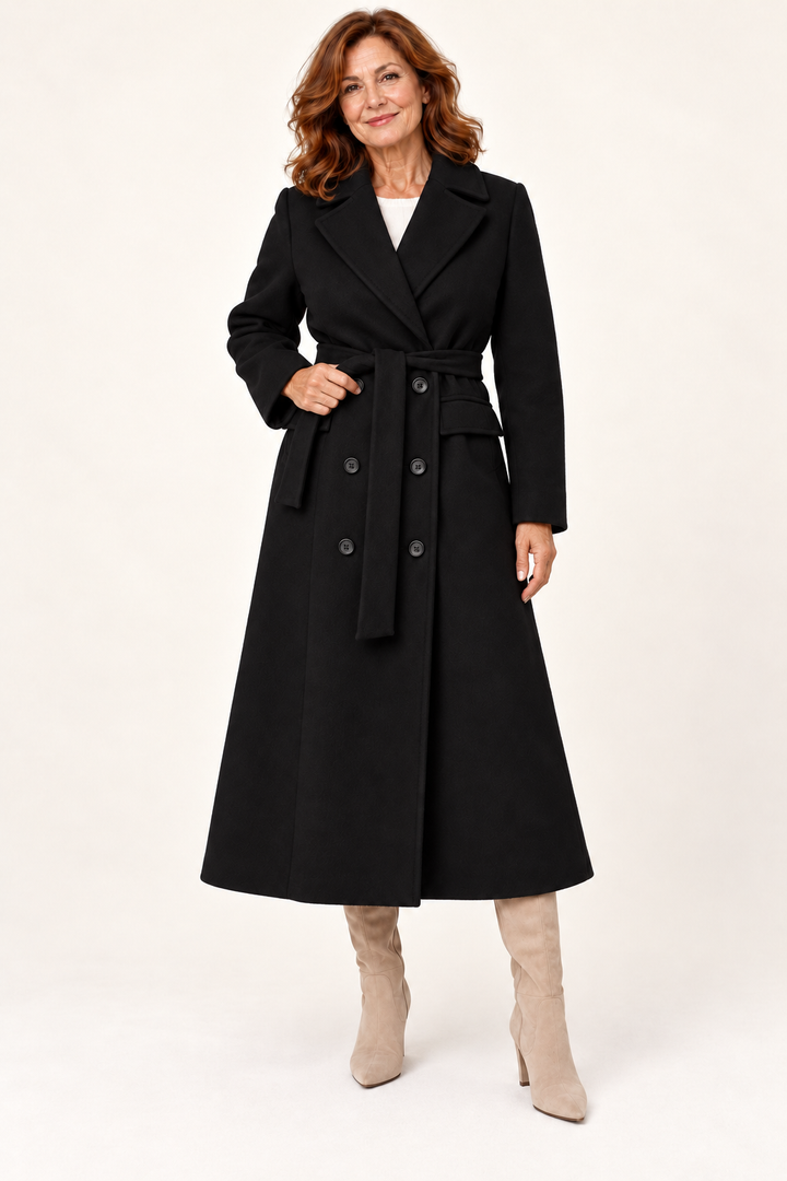 Black belted double-breasted long coat - full-length model view