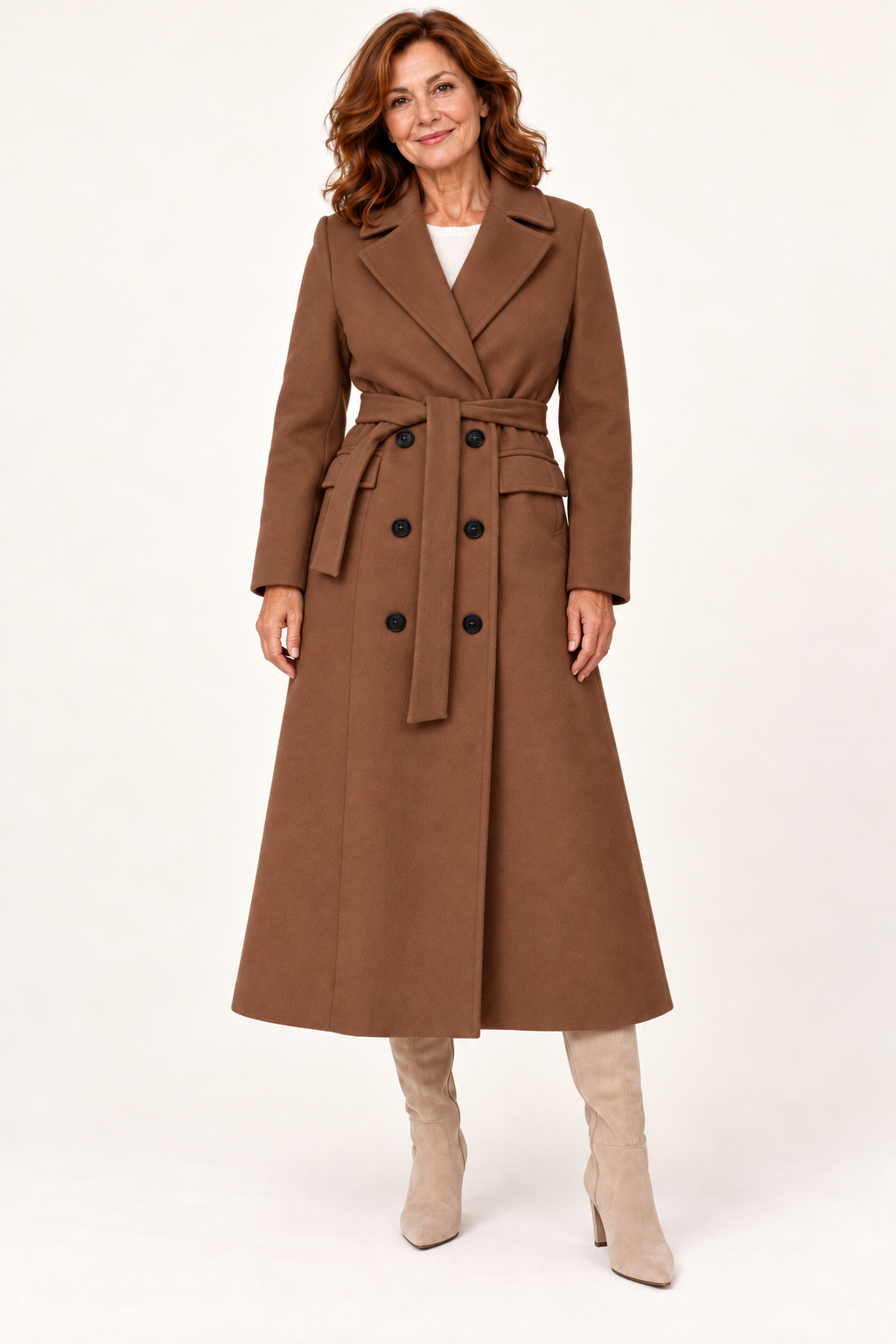 Brown belted double-breasted long coat - full-length model view