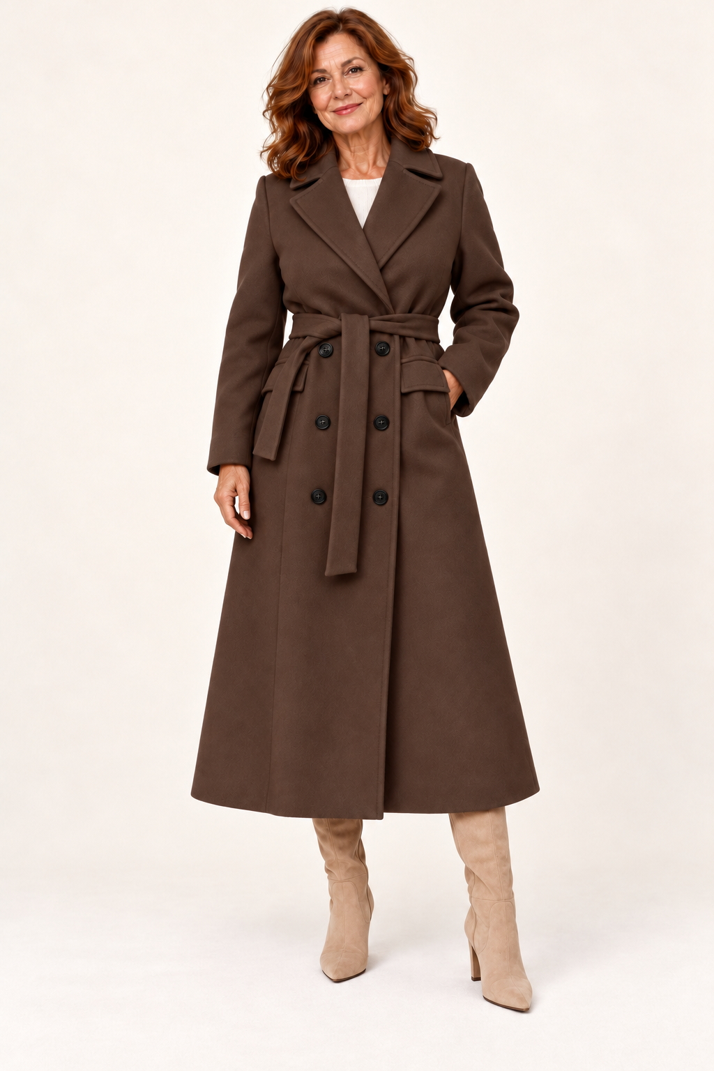 Chocolate belted double-breasted long coat - full-length model view