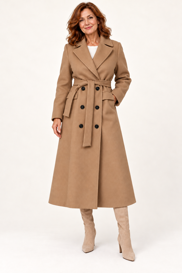 Khaki belted double-breasted long coat - full-length model view