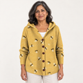 Clotilde Bee-Print Hooded Cardigan worn by a mature woman on a clean studio background