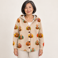 Garance Turkey-Print Hooded Cardigan worn by a mature woman on a clean studio background