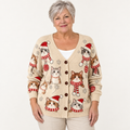 Philippine Festive Cat-Print Cardigan worn by a mature woman on a clean studio background