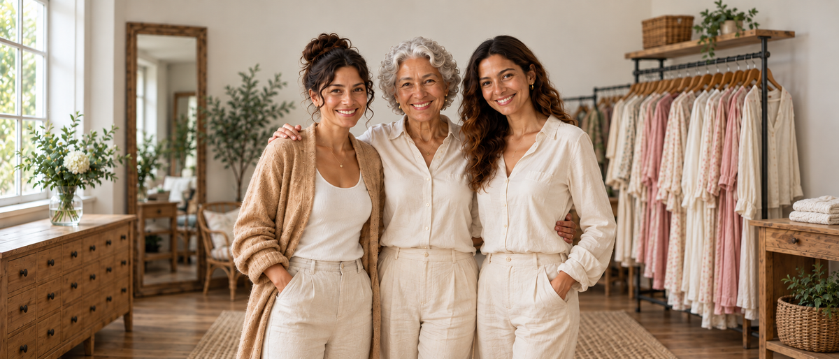 The three Syren London women together in their boutique, photographed in soft natural daylight