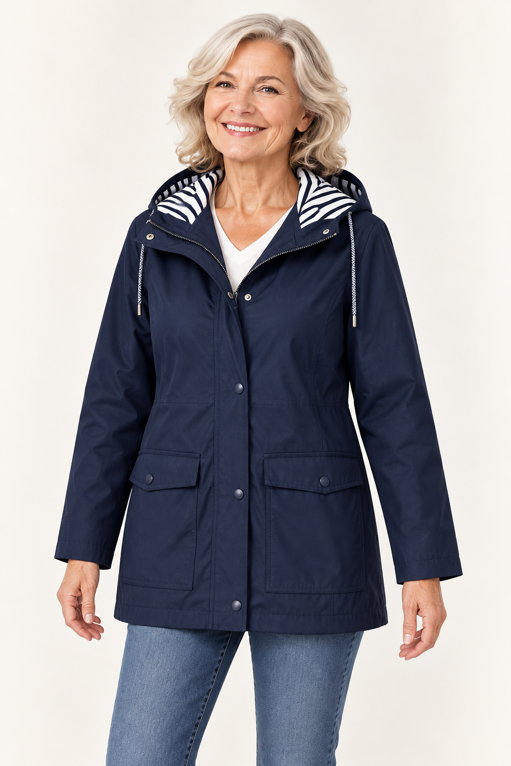 Hooded rain jacket in navy — front