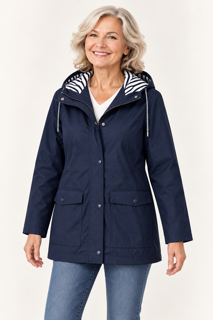Hooded rain jacket in navy — front