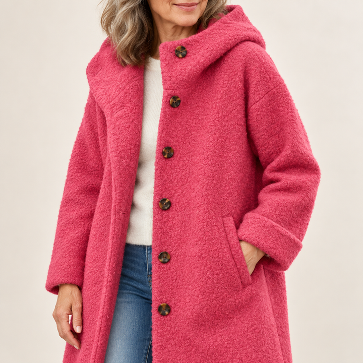 Raspberry pink hooded coat — detail