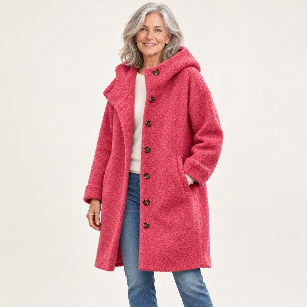 Raspberry pink hooded coat — front