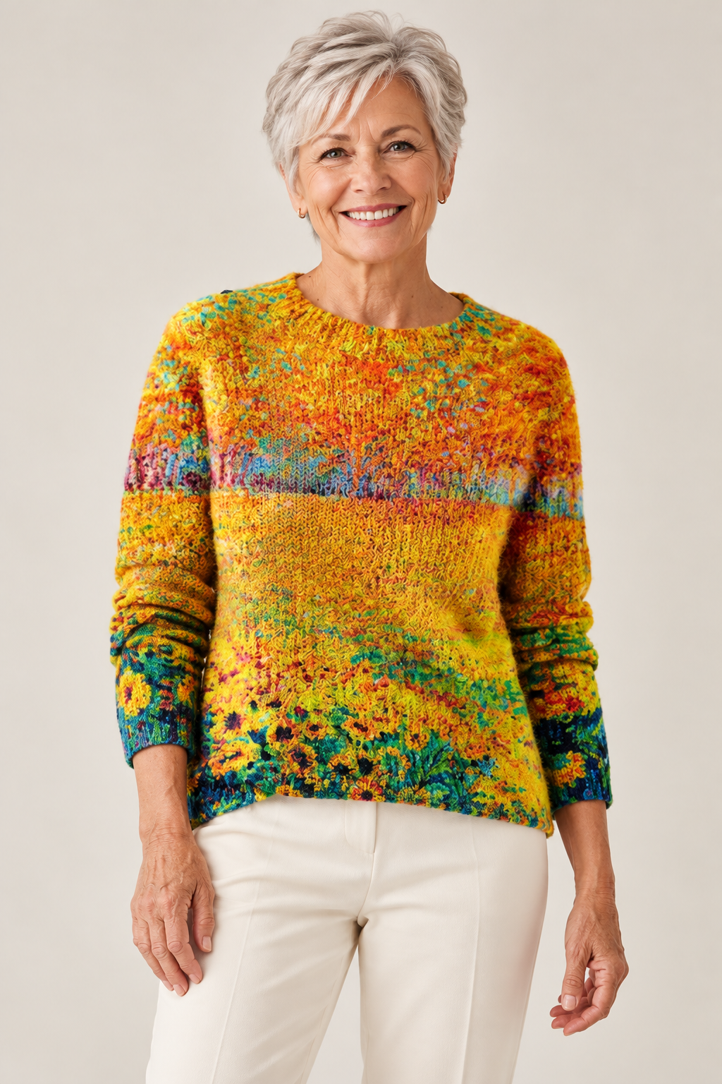 Imogen – Orange Jumper with Autumn Floral Pattern on a mature model
