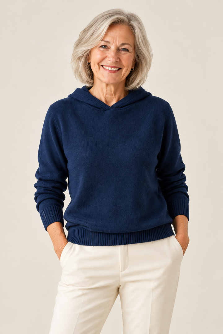 Bryony – Casual Hooded Knit Pullover on a mature model