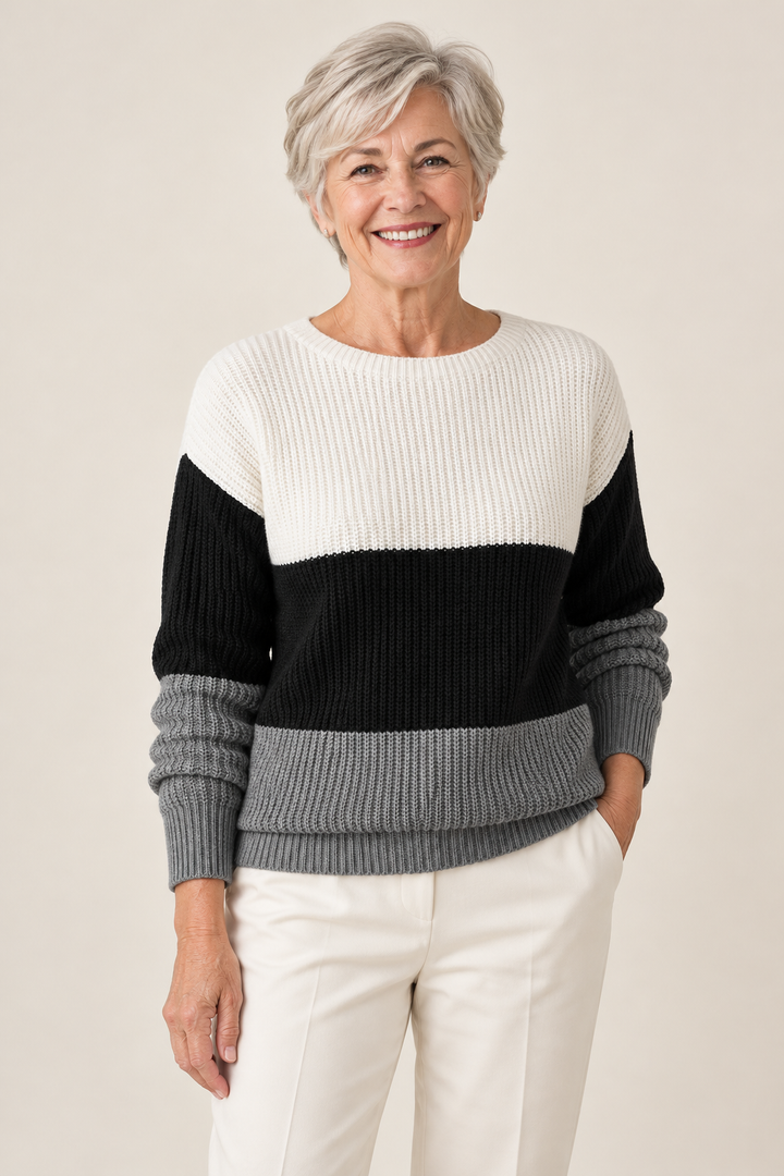 Miriam – Colourblock Crewneck Pullover Jumper on a mature model