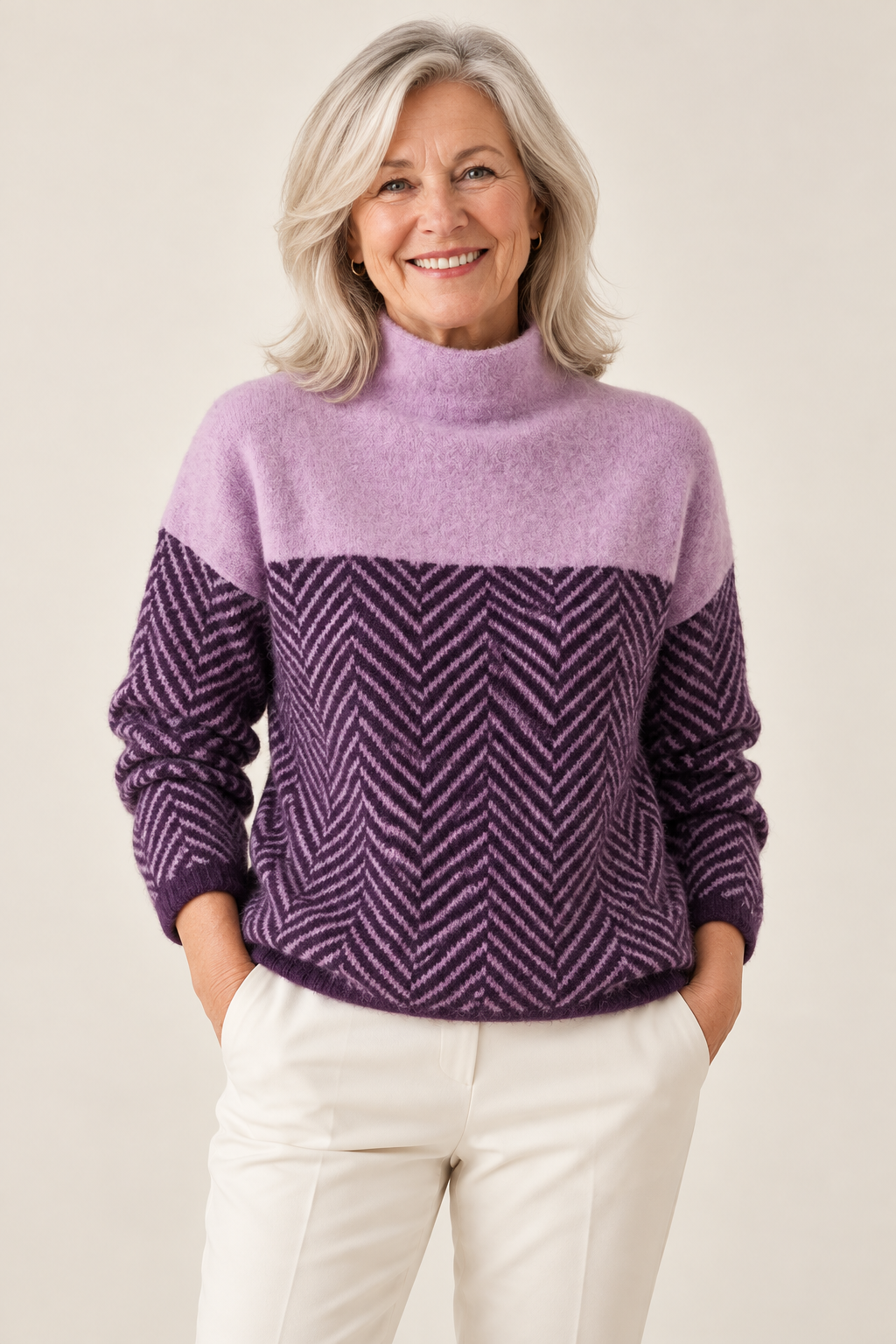 Marissa – Chevron Colourblock Turtleneck Jumper on a mature model